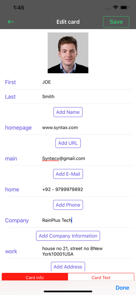 Business Card Reader, Scanner - Mobile app interface showing editable contact details from a scanned business card including name email and phone number