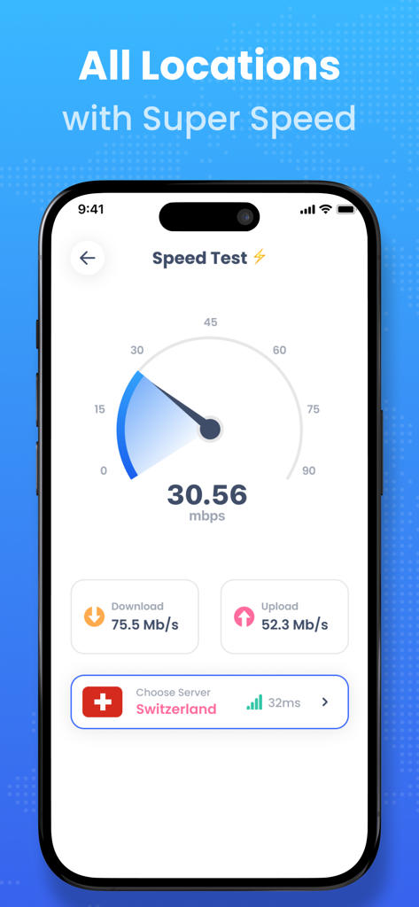VPN Super Proxy 앱의 속도 테스트 결과에 높은 다운로드 및 업로드 속도 표시