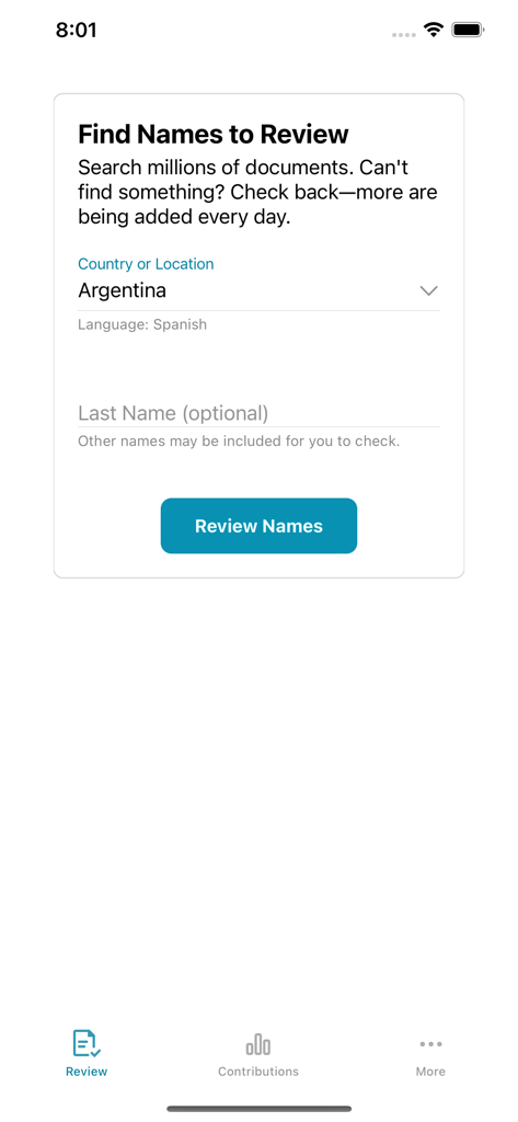 The find names to review screen on the FamilySearch Get Involved app with options to select a country and enter a last name