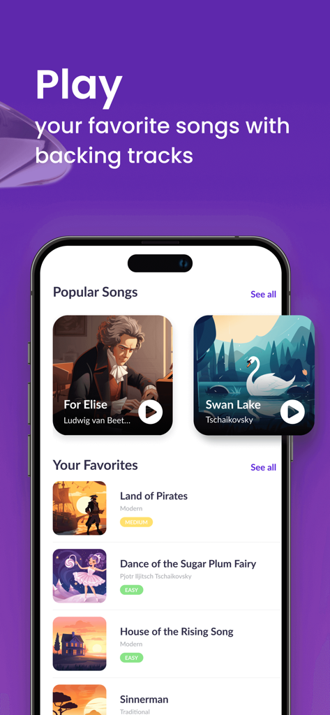 Learn Euphonium - tonestro - A mobile app interface displaying a selection of popular and favorite songs with backing tracks for euphonium practice