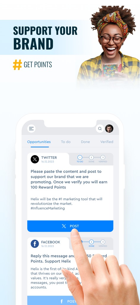 Helix Connect - Helix Connect app interface showing a user earning reward points for sharing brand content on social media