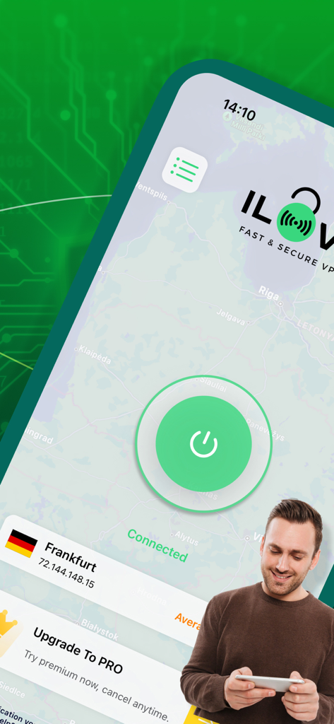 iLove VPN Wi-Fi Fast Free Wifi - iLove VPN app interface showing a connected status and server details