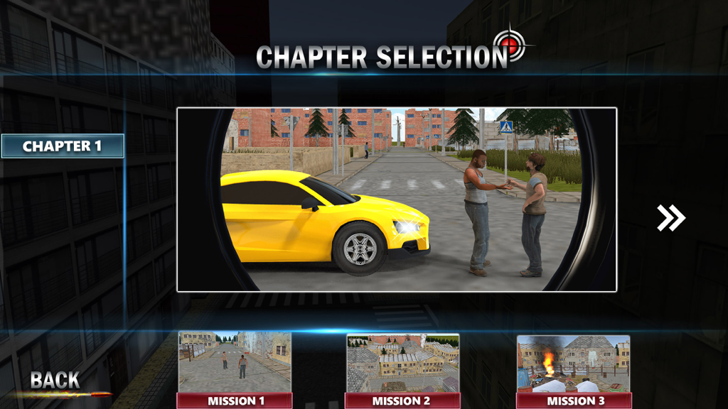 Sniper Shooter Secret Mission - Chapter selection menu screen showing mission previews and a sniper scope view of a yellow car