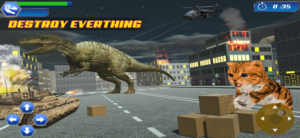 Ultimate Animal Destruction 3D - A giant dinosaur and a large orange cat causing mayhem in a city with tanks and helicopters