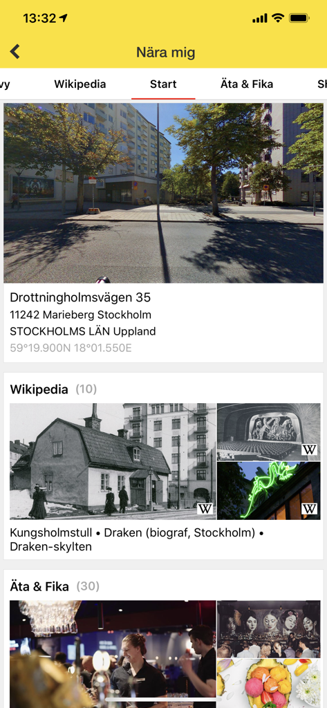 L'interface de l'application Eniro affichant des monuments locaux de Wikipédia et des options de restauration à proximité à Stockholm.