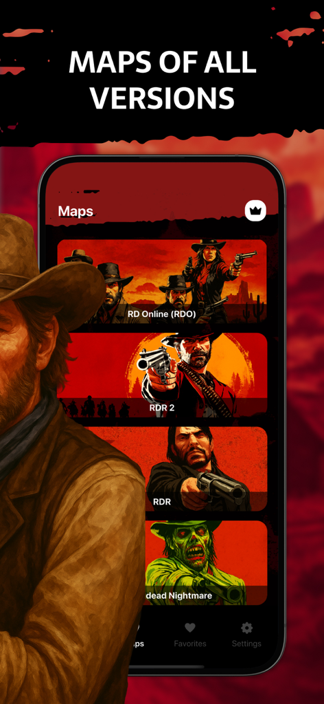 Screenshot of All Cheats for RDR app showing a list of interactive maps for various Red Dead Redemption game versions including RDO RDR2 and RDR