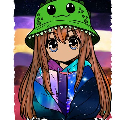 girl with anime shaped eyes with a dinosaur bucket hat oversized sweatshirt long straight hair