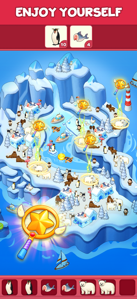 Capybara Match! - A screenshot of Capybara Match gameplay showing a triple match puzzle in an arctic level with polar bears and penguins.