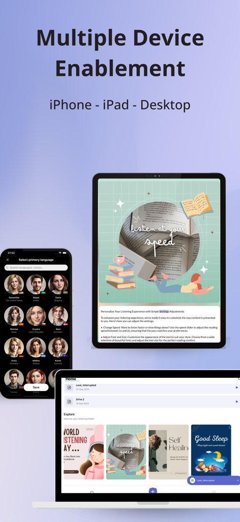 iPhone、iPad、ラップトップに表示され、シームレスなマルチデバイス同期を示すAI Readerアプリのインターフェイス。