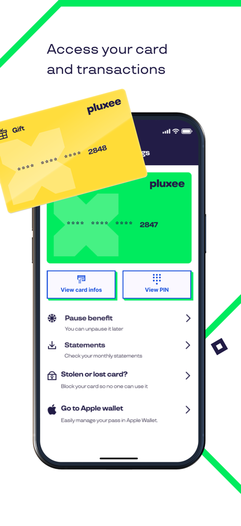 Interface de l'application Pluxee pour la gestion des cartes d'avantages numériques et des transactions