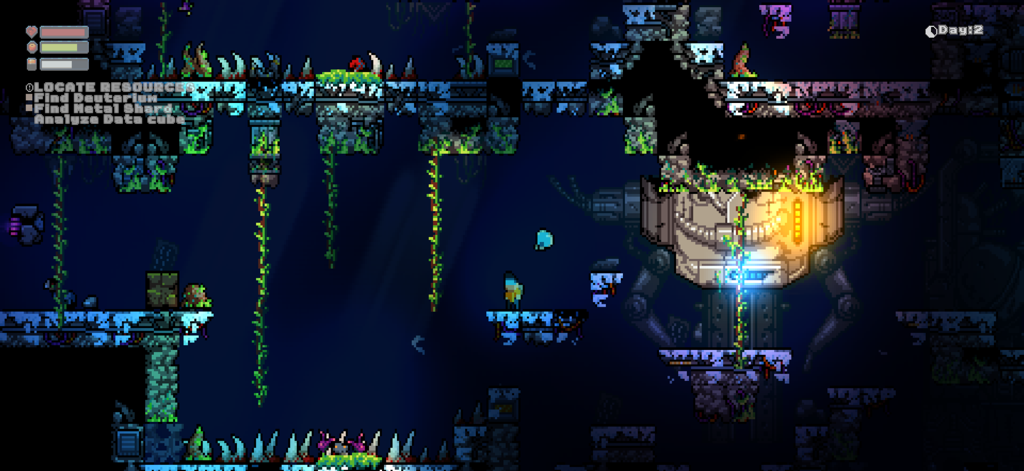 Residual - Uma captura de tela em pixel art 2D de Residual mostrando um explorador e um robô flutuante em uma caverna subterrânea escura com videiras verdes e uma grande estrutura mecânica.