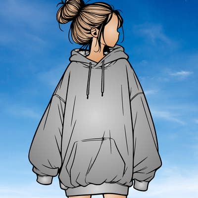 realistic girl with a oversized sweatshirt on and a bun