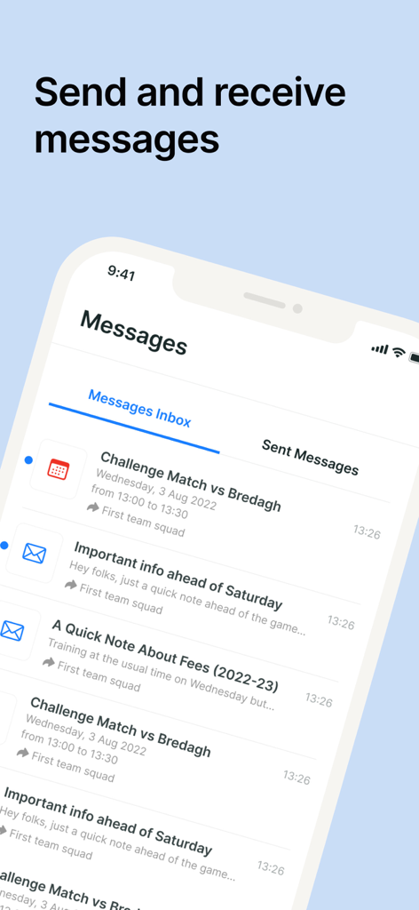 Foireann - Screenshot of the Foireann app showing the messages inbox with club notifications and match details