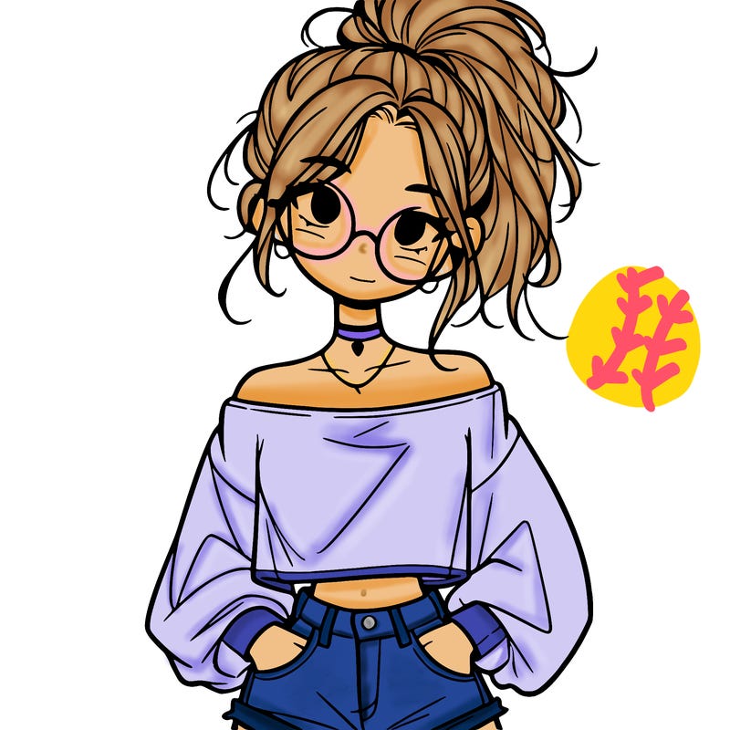 girl with a messy ponytail glasses a baggy crop top and jean shorts