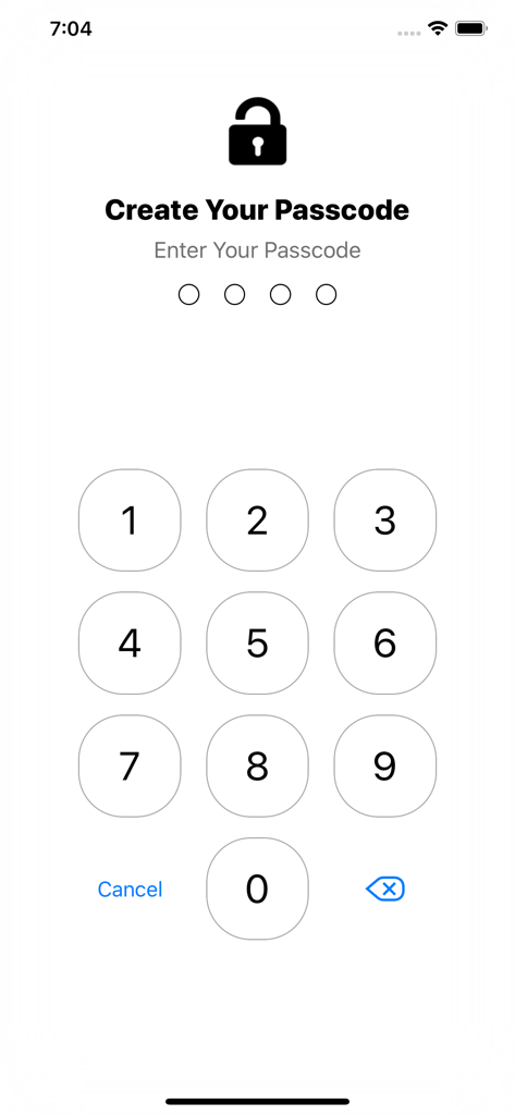 My FileManager - Documents - Passcode setup screen with a numerical keypad for securing files.