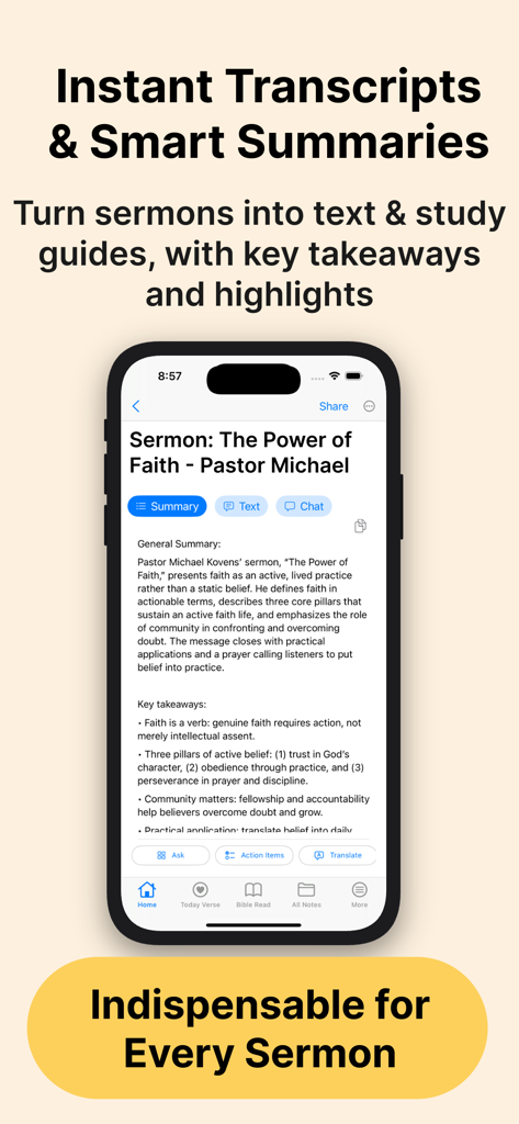 Bible Note Taker, Record, Chat - Bible Note Taker app interface showing an AI generated sermon summary with key takeaways and transcript options