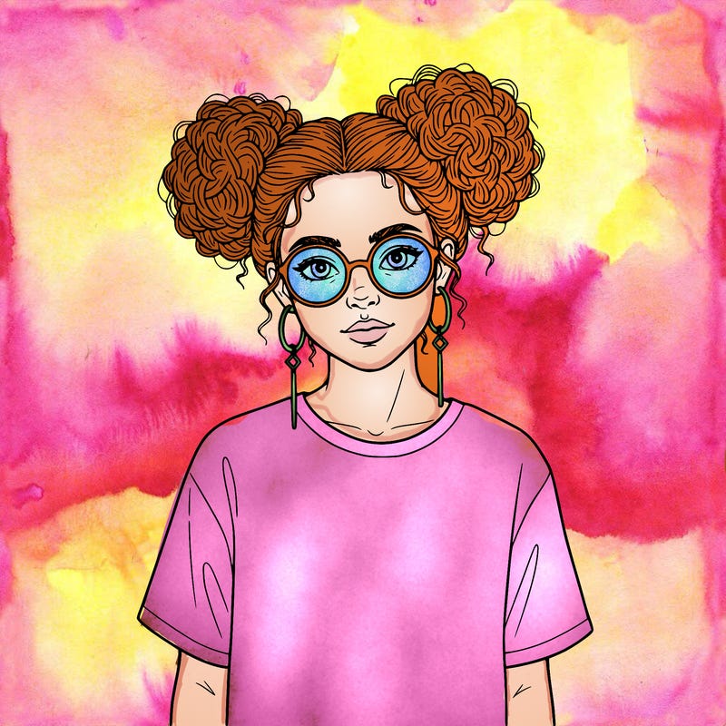a realistic teenage girl that has two hairballs and earrings and glasses