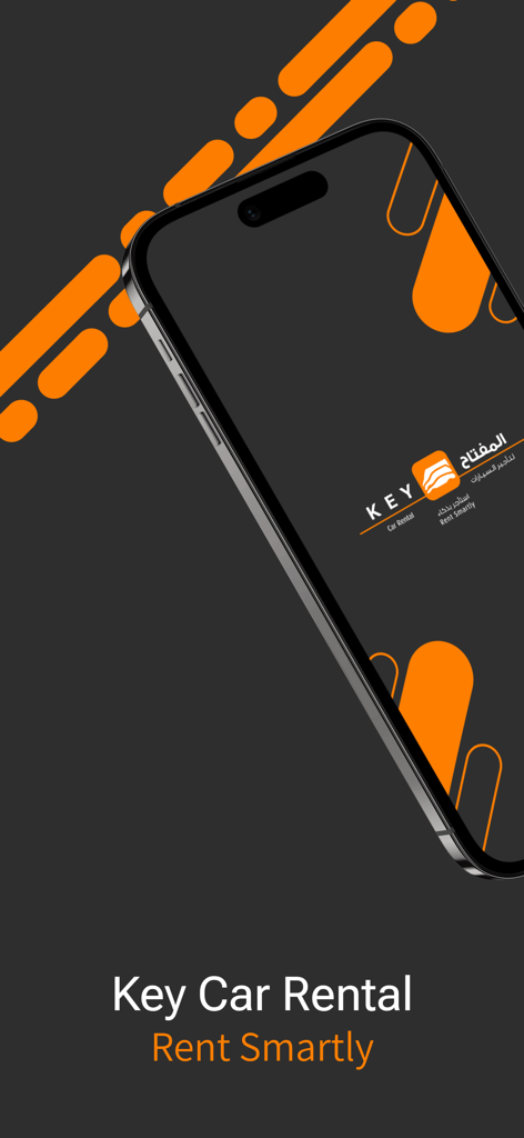 Key Car Rental app splash screen displaying the company logo and Rent Smartly slogan on a smartphone.