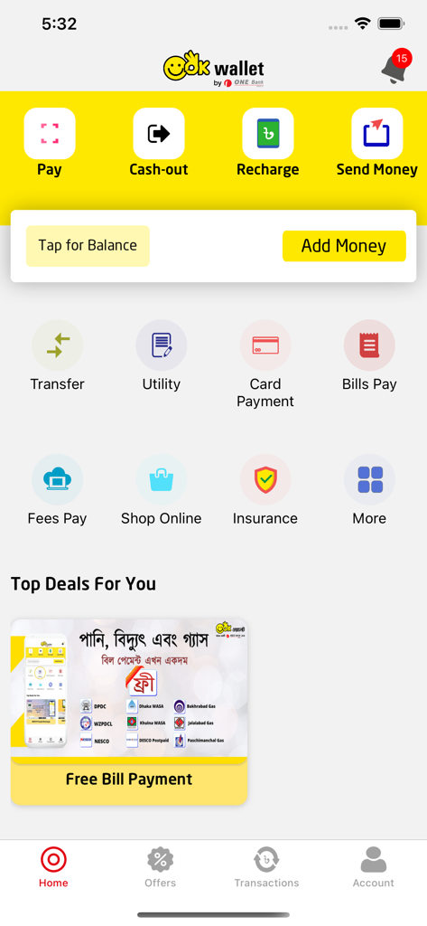 Startbildschirm der OK Wallet Mobile-Banking-App mit Optionen für Rechnungszahlung, Geldüberweisung und Handyaufladung.