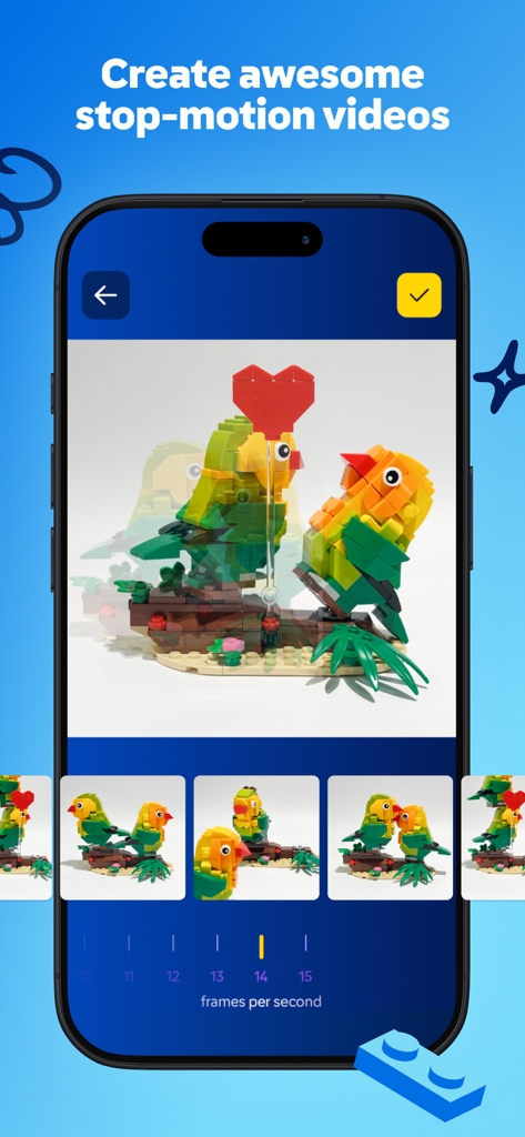 Interface of the LEGO Play app stop-motion video maker tool showing a LEGO parrot creation being animated