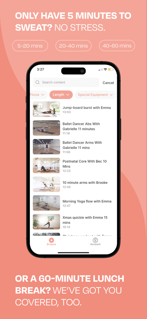 Barre Body Online app screen showing workout duration filters and a list of fitness classes including pilates and ballet abs.