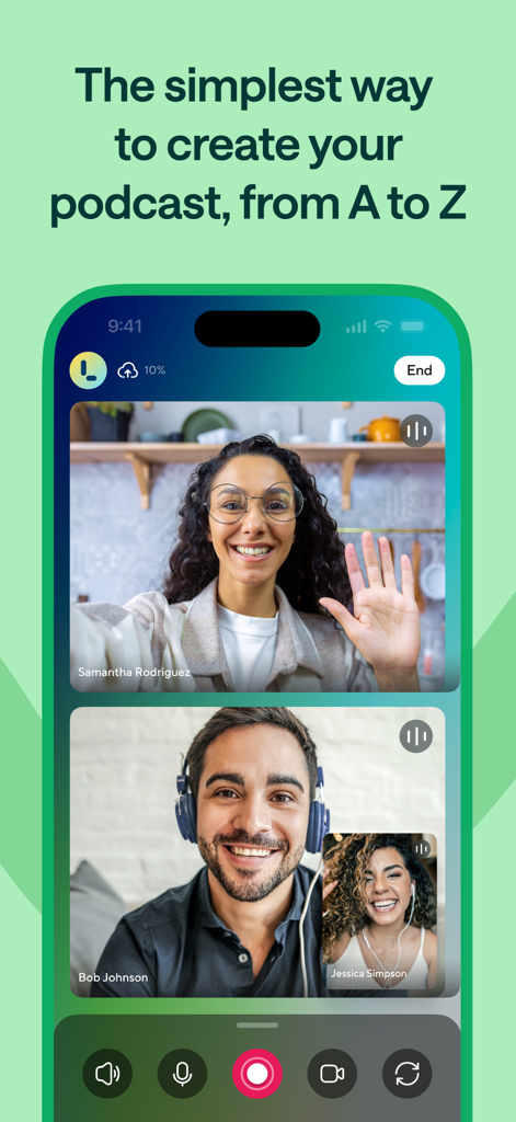 Podcastle: Podcast Recordings - Podcastle app showing a remote video podcast recording with three participants