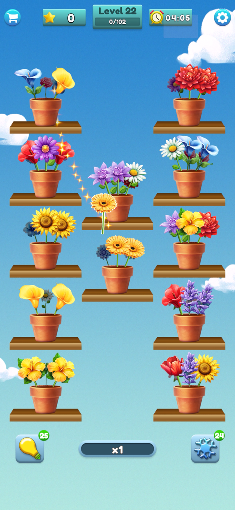 Flower Matching Game - Macetas de flores con vibrantes floraciones en estantes de madera en un juego de rompecabezas de combinaciones.