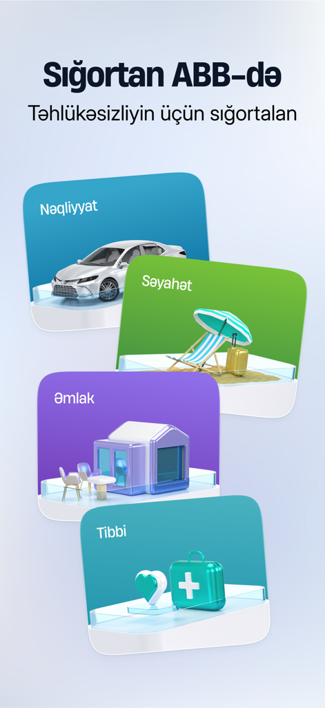 Écran de l'application mobile ABB présentant les options d'assurance pour les transports, les voyages, les biens et la santé