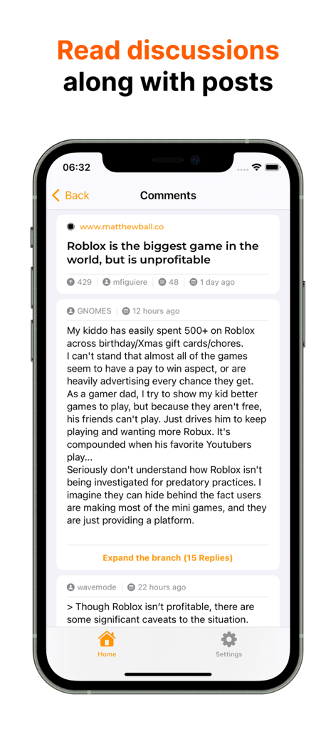 Hacker News app showing a discussion thread and comments on a mobile device