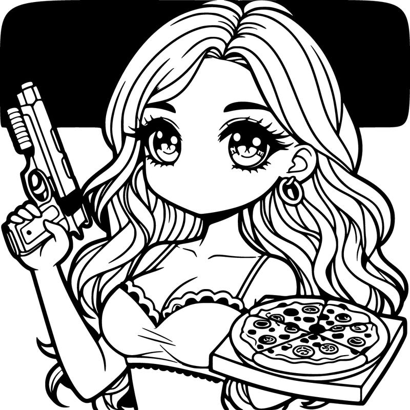 a beautiful girl with a gun and pizza
