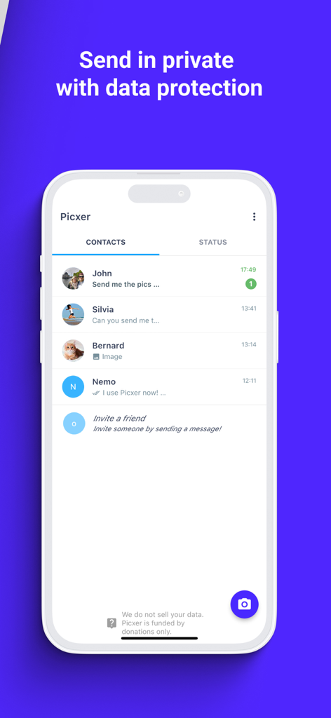Interfaz de lista de contactos estilo mensajería en la aplicación Picxer para compartir fotos y datos de forma privada.