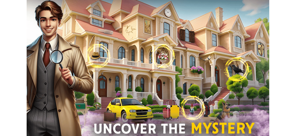 Hidden Objects Seek And Find - Detective with magnifying glass in front of a mansion with highlighted hidden objects and text Uncover the Mystery