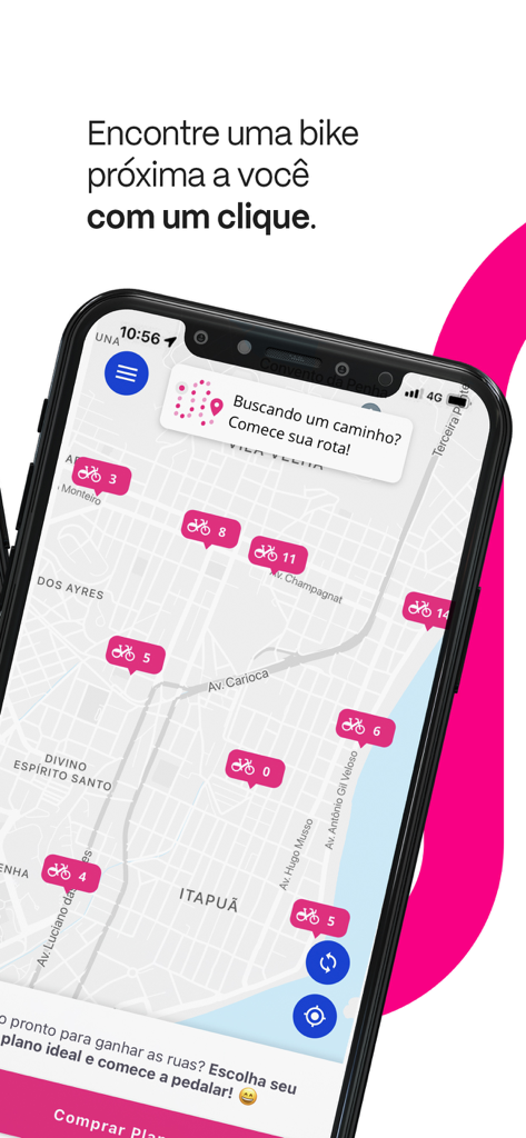 Smartphone exibindo o mapa do aplicativo Tembici com pins de disponibilidade de bicicletas em tempo real nas estações de compartilhamento urbanas