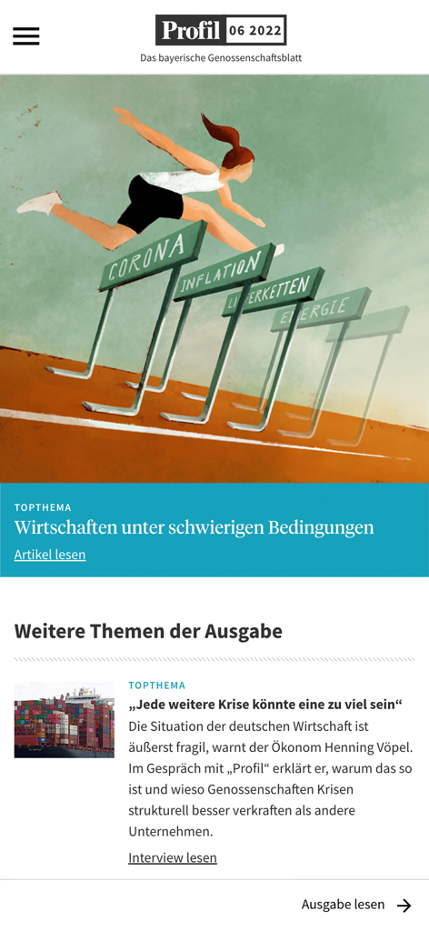 Eine digitale Magazin-Oberfläche, die einen Artikel über wirtschaftliche Herausforderungen mit einer Frau zeigt, die über Hürden springt