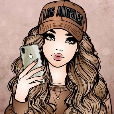 realistic beautiful girl wearing los ángeles cap holding an iphone