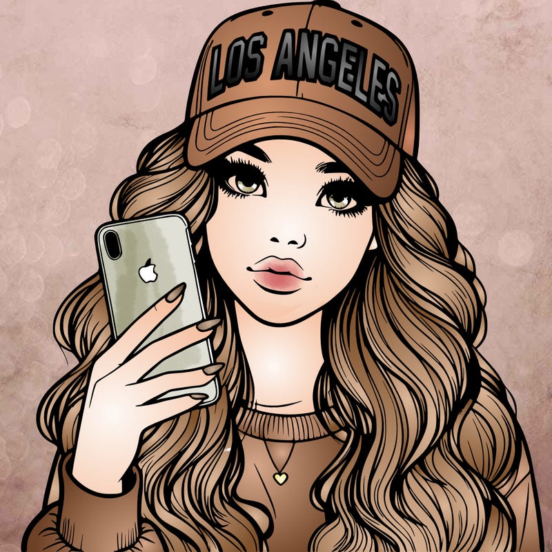 realistic beautiful girl wearing los ángeles cap holding an iphone