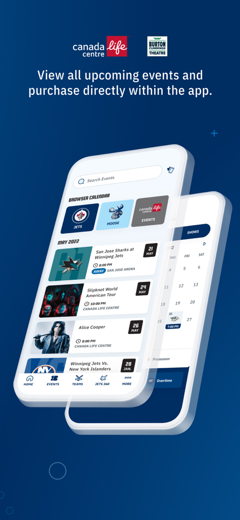 Benutzeroberfläche der mobilen App der Winnipeg Jets, die einen Spielplan von Eishockeyspielen und Konzerten zum Ticketkauf anzeigt