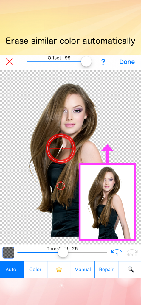 Capture d'écran de l'application Background Eraser montrant le mode automatique supprimant l'arrière-plan d'une photo pour créer une image transparente.