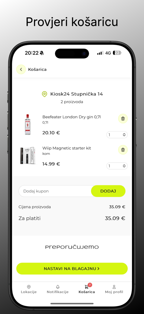 Kiosk24 - Shopping cart screen of the Kiosk24 app showing items ready for checkout