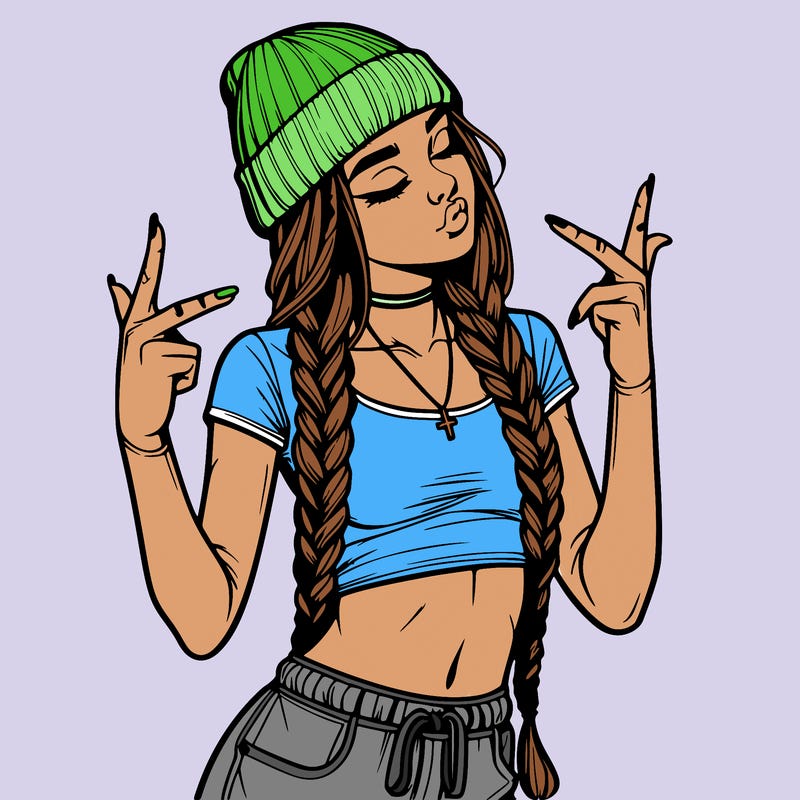 realistic teenage girl with braids and a beanie and crop top doing 🫶🏼