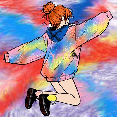 realistic girl jumping with a bun and oversized sweatshirt