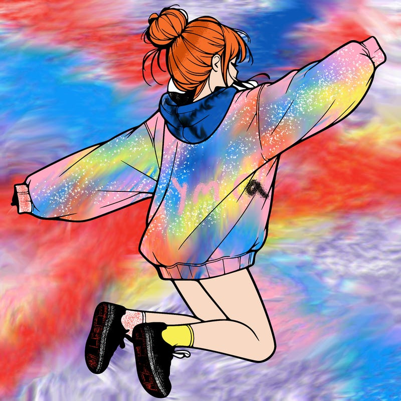 realistic girl jumping with a bun and oversized sweatshirt