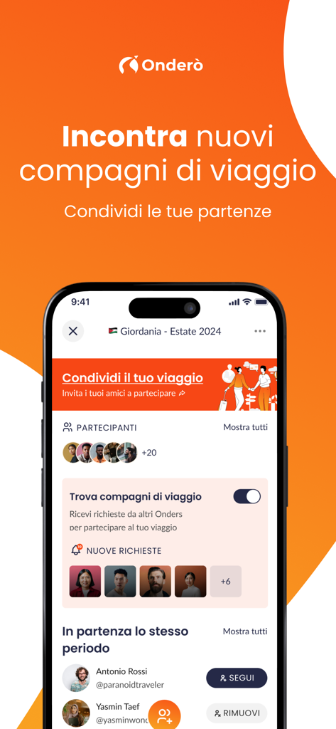 Onderò - Onderò mobile app screen showing a feature to find and connect with travel companions for upcoming trips like a summer journey to Jordan.