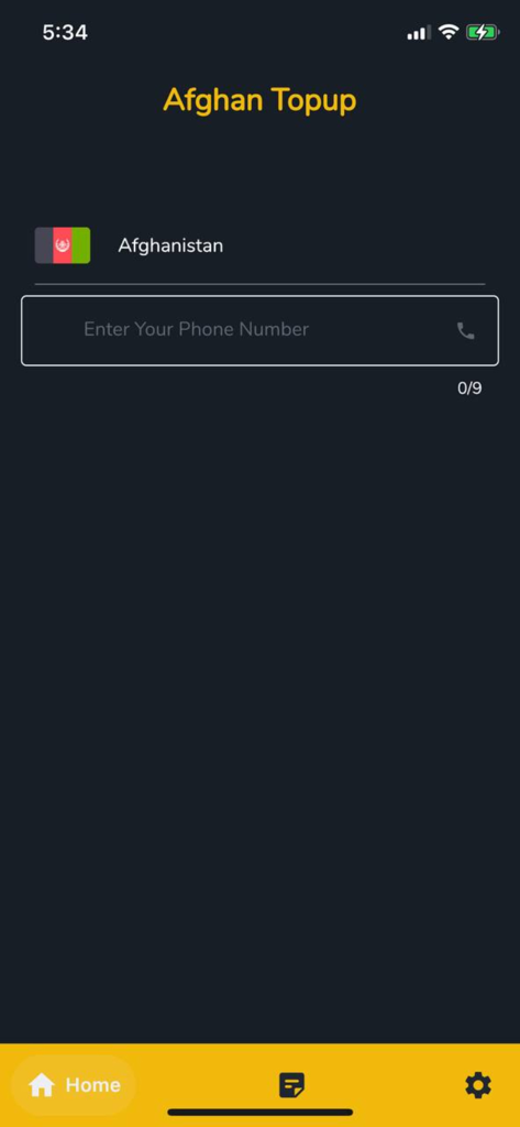 Afghan Topup - Afghan Topup app home screen for entering an Afghan phone number to recharge mobile credit