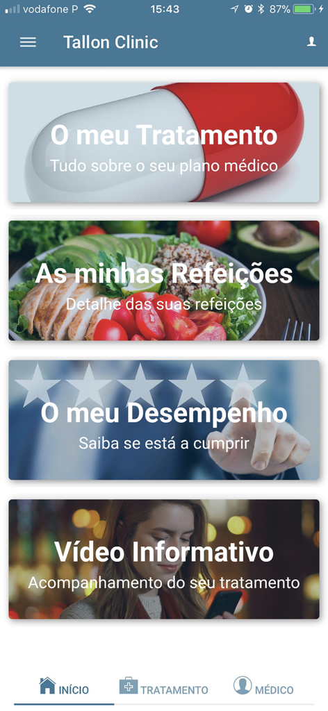 Dashboard of the Tallon Clinic app showing options for treatment, meals, and performance tracking.