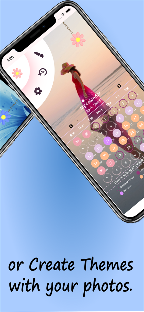 Calendário do Ciclo Menstrual - Smartphone screen showing a menstrual cycle calendar with a custom photo background