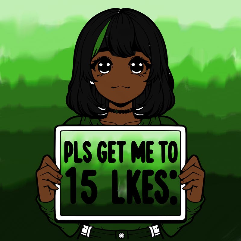 realistic girl holding up a sign that says “pls get me to 15 likes!”