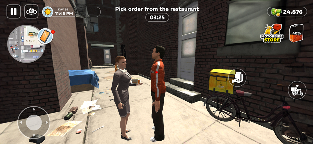 Deliver Till Dawn - Un personaje jugador recoge un pedido de entrega de comida de un restaurante en un callejón urbano por la noche