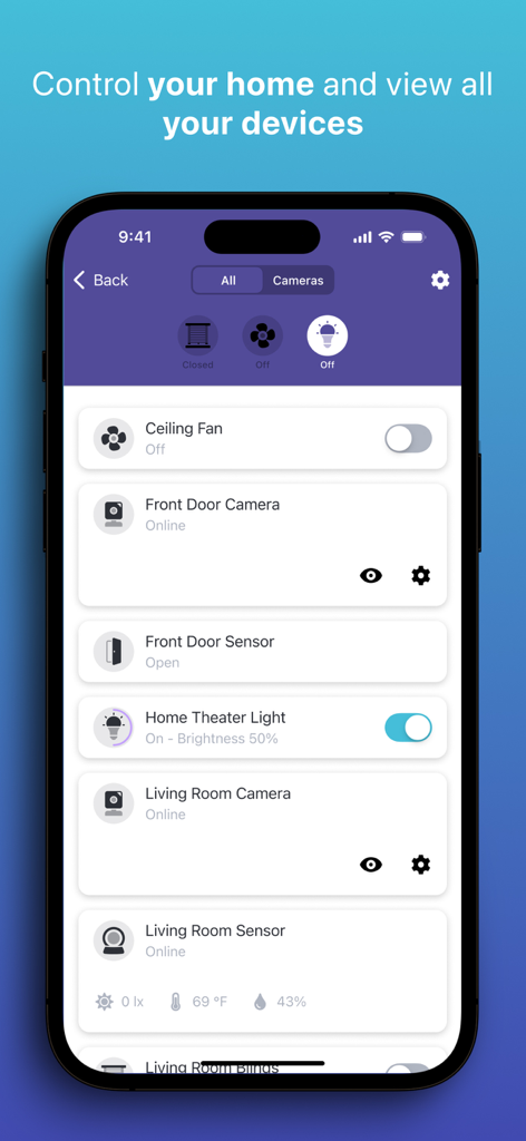 Abode - Abode app interface showing a list of connected smart home devices including cameras sensors and lights