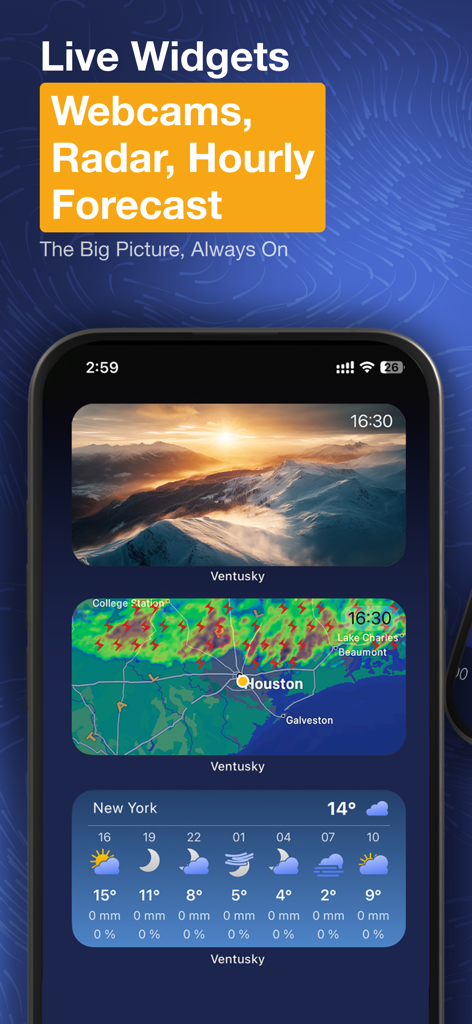 Ventusky: Weather & Live Radar - Ventusky weather app showcasing home screen widgets for mountain webcams, live radar maps, and hourly forecasts on an iPhone.